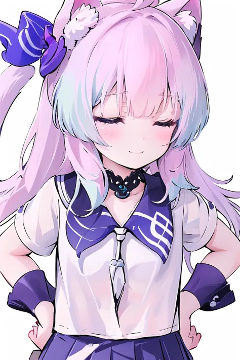 <lora:kokomi-0118:1>, (1girl: 1.2), (animal ears: 1.1), (solo: 1.1), (hands on hips: 1.1), (closed eyes), (skirt), (tail), (long hair), (black skirt), (cat ears), (school uniform), (black sailor collar), (short sleeves), serafuku, sailor collar, white background, animal ear fluff, white hair, simple background, cat tail, blush, neckerchief, closed mouth, bangs, white shirt, cat girl, shirt, ahoge, pleated skirt, smile, notice lines, general, ^_^, hair between eyes, very long hair, pink neckerchief, extra ears, sensitive, facing viewer,