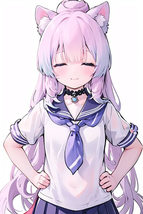 <lora:kokomi-0118:1>, (1girl: 1.2), (animal ears: 1.1), (solo: 1.1), (hands on hips: 1.1), (closed eyes), (skirt), (tail), (long hair), (black skirt), (cat ears), (school uniform), (black sailor collar), (short sleeves), serafuku, sailor collar, white background, animal ear fluff, white hair, simple background, cat tail, blush, neckerchief, closed mouth, bangs, white shirt, cat girl, shirt, ahoge, pleated skirt, smile, notice lines, general, ^_^, hair between eyes, very long hair, pink neckerchief, extra ears, sensitive, facing viewer,
