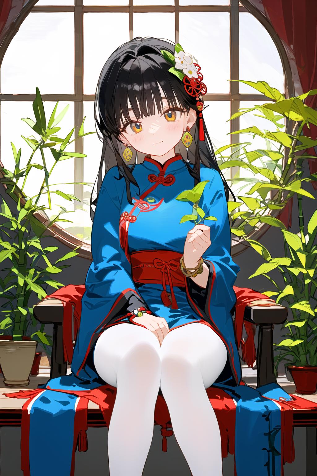 Anime girl sitting on a bench with a flower in her hand - SeaArt AI