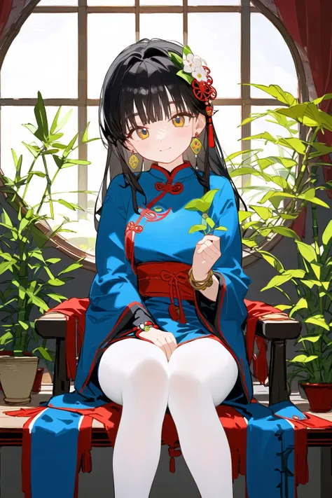 Anime girl sitting on a bench with a flower in her hand - SeaArt AI