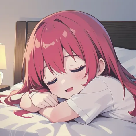 1girl, <lora:SleePeace2:1>, sleepeace, pajama, red_hair, long_hair, backlighting, (ultra_detailed:1.2)