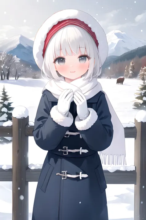 (masterpiece, best quality, absurdres, ultra detailed, intricate details, beautiful, finely detailed:1.5), 1girl, white hair, grey eyes, short straight hair, blunt bangs, flat chest, narrow waist, petite, pale skin, outdoors, forest, grey sky, winter, snow, snowing, standing, winter clothes, winter coat, white scarf, light smile, parted lips, nose blush, breath, cowboy shot, white winter gloves, white bonnet, wooden fence, mountain, village, own hands together