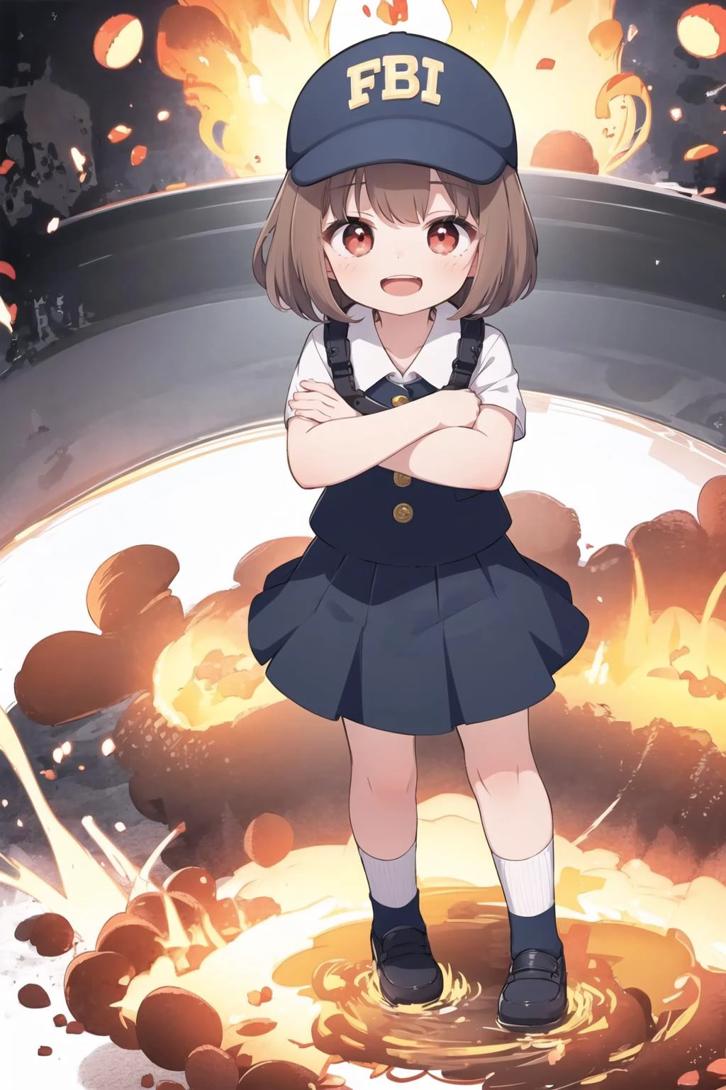 1girl, solo, brown hair, open mouth, skirt, smile, explosion!, red eyes, short hair, full body, looking at viewer, black skirt, white socks, eyebrows visible through hair, , <lora:LoRA:0.8>, skistyle, ((blue fbi cap)), fbi, crossed arms