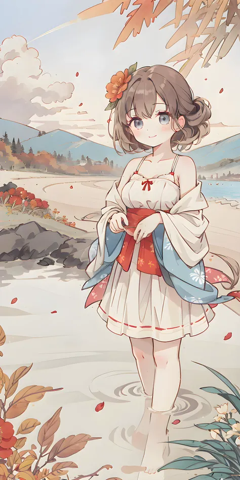 1girl, autumn, autumn_leaves, bangs, beach, blue_sky, blush, breasts, brown_hair, closed_mouth, cloud, cloudy_sky, collarbone, day, dress, field, flower, flower_field, horizon, lake, leaf, looking_at_viewer, mountain, mountainous_horizon, ocean, outdoors, palm_tree, petals, plant, red_flower, short_hair, skirt_hold, sky, smile, solo, standing, sunset, tree, twilight, water, white_dress, perfect eyes