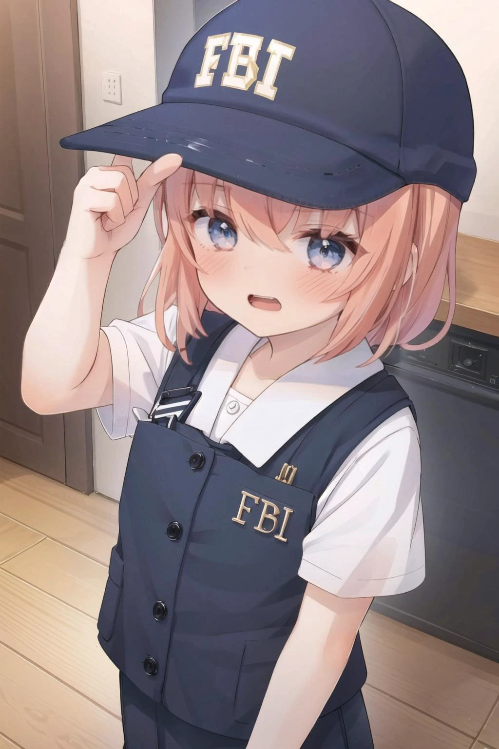 1girl, , front, pointing at the viewer, full body, standing, <lora:FBI_cap_meme:1>, skistyle, ((blue fbi cap)), fbi, (blushing:1.5), open mouth, <lora:add_detail:0.2>