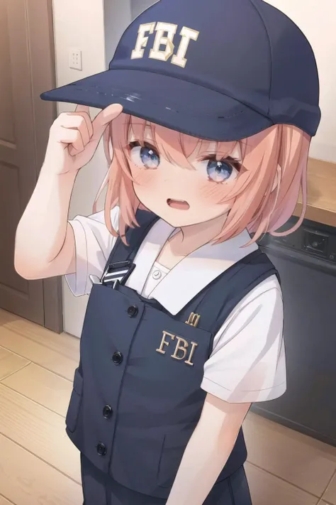 1girl, teen, front, pointing at the viewer, full body, standing,  <lora:FBI_cap_meme:1>, skistyle, ((blue fbi cap)), fbi, (blushing:1.5), open mouth, <lora:add_detail:0.2>