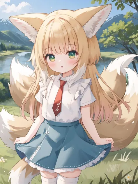 1girl,suzuran (arknights),animal ears,solo,fox girl,fox ears,fox tail,looking at viewer,ears down,<lora:suzuran (arknights)-Spring praise:0.5>,sailor collar,red necktie,white thighhighs,blue collared shirt,short sleeves,river,grass,tree,snow,mountain,4k walpaper,best quality,mountain range,mountainous horizon,nature,outdoors,scenery,blue skirt,