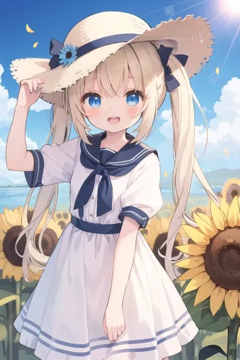 cute little girl,solo,wind,pale-blonde hair,blue eyes,very long twintails,white hat,blue sky,laugh,double tooth,lens flare,dramatic,coastal,flying petal,flowery field,sky,sun,field,sunflower,masterpiece,best quality,