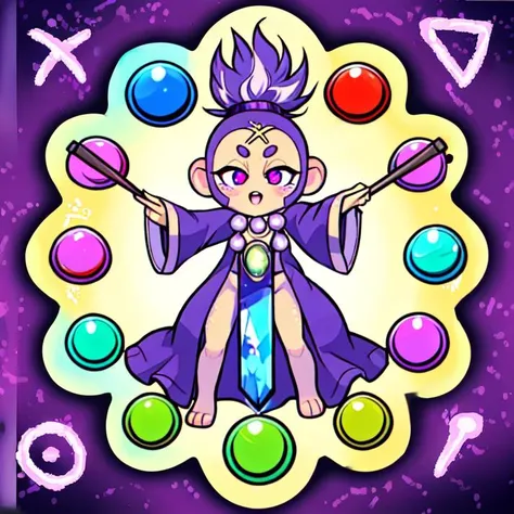 kaleidoscopic, reflection vivid_setting, <lora:Vivid_Setting_Combined:0.7>, monkey girl, magic circles, windy, <lora:EziliLORA:0.65>, solo, short hair, animal ears, purple eyes, monkey tail, purple hair, facial mark, furry, forehead mark, furry female, topknot, two-tone fur, glowing shapes, crystal cavern, robe, playstation buttons, ":<", wand, noseless, sparks, staff, pelvic curtain, bead necklace, psychadelic background, glowing symbols, triangle, circle, square, x, laser