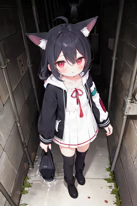 1girl, flat chest, short hair, black hair, ahoge, messy hair, payot, twintails, short twintails, animal ears, animal ear fluff, bat ears, bangs, hair between eyes, bat hair ornament, expressionless, empty eyes, red eyes, glowing eyes, white dress, short dress, pleated skirt, hooded jacket, black jacket, open jacket, open clothes, black hood, hood down, long sleeves, wide sleeves, sleeves past wrists, sleeves past fingers, black thighhighs, zettai ryouiki, boots, black footwear, sewer, dirty water, tunnel, ladder, rust, graffiti, dripping water, darkness, narrow passage, cobwebs, sludge, underground, dampness, pipe, concrete walls, eerie atmosphere,, masterpiece, best quality, official art, extremely detailed CG unity 8k wallpaper, artbook, yuzu-soft, kobuichi, muririn,