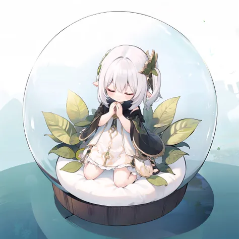1girl,masterpiece,illustration, green cage,sphere cage, girl in cage, floating,  <lyco:GoodHands-beta2:1.0>,closed eyes, praying, full body shot ,<lora:Nahida3:1>,detailed, <lora:add_detail:0.4>