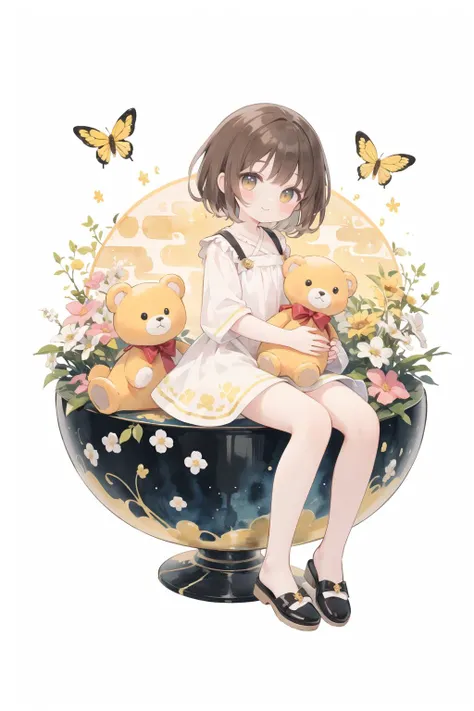 (PastelColors:1.3)?(Cute illustration:1.3)?(watercolor paiting:1.1)?Yellow background?A smile?Beautifully detailed?Moya?colourfull?marble?Particles of light?(Cute backgrounds:1.3), Short hair, Brown hair?(Full body:1.3), honey?ong?Holding a teddy bear?Honeypot?From the side?Flying bees?florals?Girl sitting in a honeypot?Golden eyes?summer shine