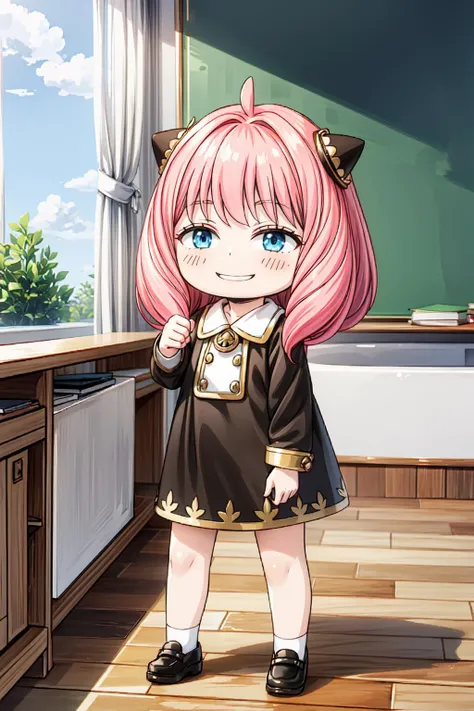 <lora:anya forger s1-lora-nochekaiser:0.9>, 
BREAK((solo, 1girl, adorable, child girl, chibi), (full body:1.35), soft light, dynamic angle, dynamic postures)
BREAK((long sleeves, dress, school uniform, socks, black dress, eden academy school uniform, pink hairs, short hairs):1.1),
BREAK((evil smile, smirk smile),<lora:AnyasHehFaceMeme:0.65>, a girl standing on a wood chair, arm up),
BREAK(perfect(anatomy,body,face,hand,leg,foot)),
BREAK(beautiful detailed girl, glossy pink lips, Milky skin, shiny skin:1.2)
BREAK(<lora:cozy animation scenes_20230824111332:0.45>, PIXIV, indoors, school, detailed classroom, winter, (wide view, wide-angle lens)),
BREAK(<<lora:hyperdetailer_v095:0.7>, extremely detailed, CG, 8k Amazing, finely detail, (masterpiece:2.0, best quality), (intricate details, depth of field),),