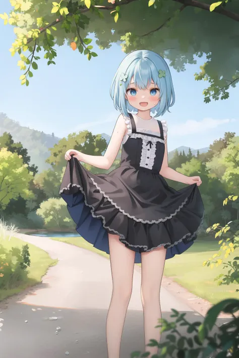 1girl,incredibly absurdres,depth of field,(masterpiece, best quality, very aesthetic, ultra detailed),<lora:comiclo:0.8>,grove,in summer,standing,skirt_lift,blush,sweat,confused,:d,frilled_dress,stream,NegfeetV2,legs_up,(standing_on_liquid:1.1),short hair,clover_hair_ornament,Side ponytail,blue hair,