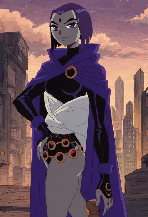 raventt, 1girl, solo, grey skin, cape, purple hair, purple eyes, forehead jewel, short hair, leotard, looking at viewer, belt,upper body,city, score_9, score_8_up, score_7_up, score_6_up , back view, ass,