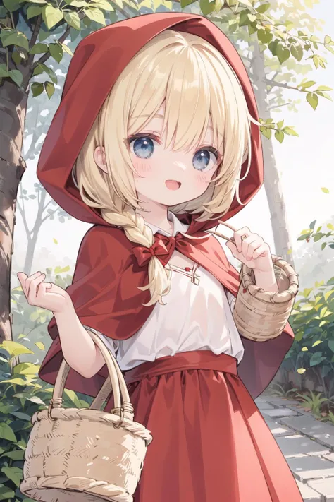 best quality, amazing intricate, child, Little Red Riding Hood, solo,
blond hair, (single:1.2) braid, (round eyes:1.3), happy, :D, blue eyes, flat chest,
from front, (from below:0.8), (Hold a wicker basket in front of you:1.1),
wear a red hood, red cloak, red skirt, white shirt, forest, path