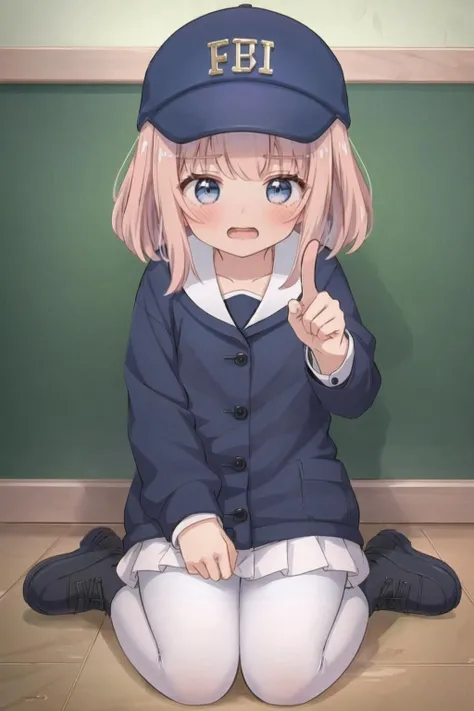 1girl, , front, pointing at the viewer, full body, <lora:FBI_cap_meme:1>, skistyle, ((blue fbi cap)), fbi, (blushing:1.5), open mouth, <lora:add_detail:0.2>