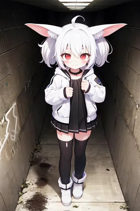 1girl, flat chest, short hair, white hair, ahoge, messy hair, payot, twintails, short twintails, animal ears, animal ear fluff, bat ears, bangs, hair between eyes, bat hair ornament, seductive smile, empty eyes, red eyes, glowing eyes, black dress, short dress, pleated skirt, hooded jacket, white jacket, open jacket, open clothes, white hood, hood down, long sleeves, wide sleeves, sleeves past wrists, sleeves past fingers, white thighhighs, zettai ryouiki, boots, white footwear, sewer, dirty water, tunnel, ladder, rust, graffiti, dripping water, darkness, narrow passage, cobwebs, sludge, underground, dampness, pipe, concrete walls, eerie atmosphere,, masterpiece, best quality, official art, extremely detailed CG unity 8k wallpaper, artbook, yuzu-soft, kobuichi, muririn,