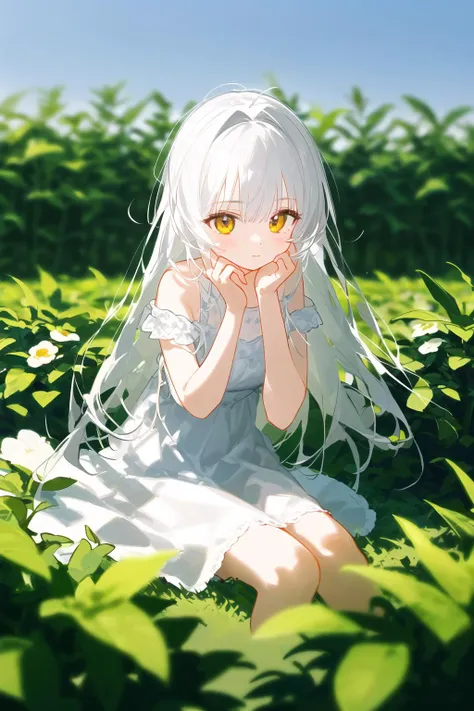 (masterpiece, best quality),1girl with long white hair sitting in a field of green plants and flowers, her hand under her chin, warm lighting, white dress, blurry foreground