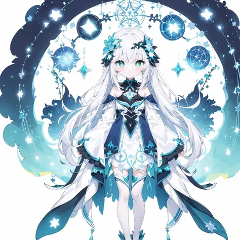 {{{masterpiece}}},{extremely detailed CG unity 8k wallpaper},best quality,finely detail,[(white background:1.3)::5], hexagon, mid shot, {{full body}}, 1girl,beautiful detailed eyes,bright pupils, dynamic angle,detailed clothes， (stars:0.9), (starry sky), (snowflake:0.9), ice crystals, solo, standing, loli,((flat chested)), kawaii, very long hair, white hair, silver hair, (expressionless:1.2), white colored eyelashes, gradient eyes, green eyes, white dress, blue robe, skindentation, white thighhighs, hair_flower, [magic circle]