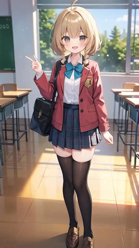 1girl,solo,school uniform,red jacket,brown skirt,plaid skirt,pleated skirt,school bag,bowtie,white thighhighs,hair ribbon,
blonde hair,brown hair,short hair,short hair with long locks,twin braids,sidelocks,ahoge,
brown eyes,smile,
looking at viewer,standing,
indoors,classroom,school desk,