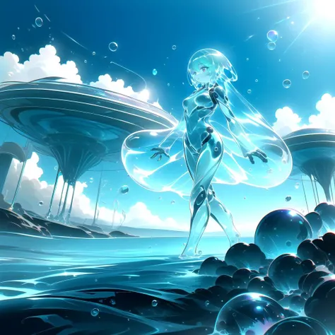 <lora:BubblyTech:0.8>,bubblytech ,scifi, transparent, iridescent , see-through, inflated,
, synthetic girl, monster girl, sea, scenery,walking,full body,