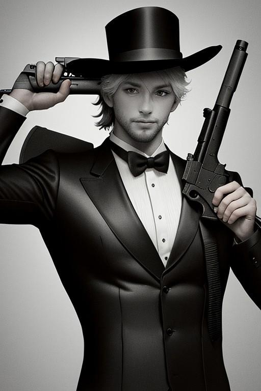 Arafed man in a suit and hat holding a gun - SeaArt AI