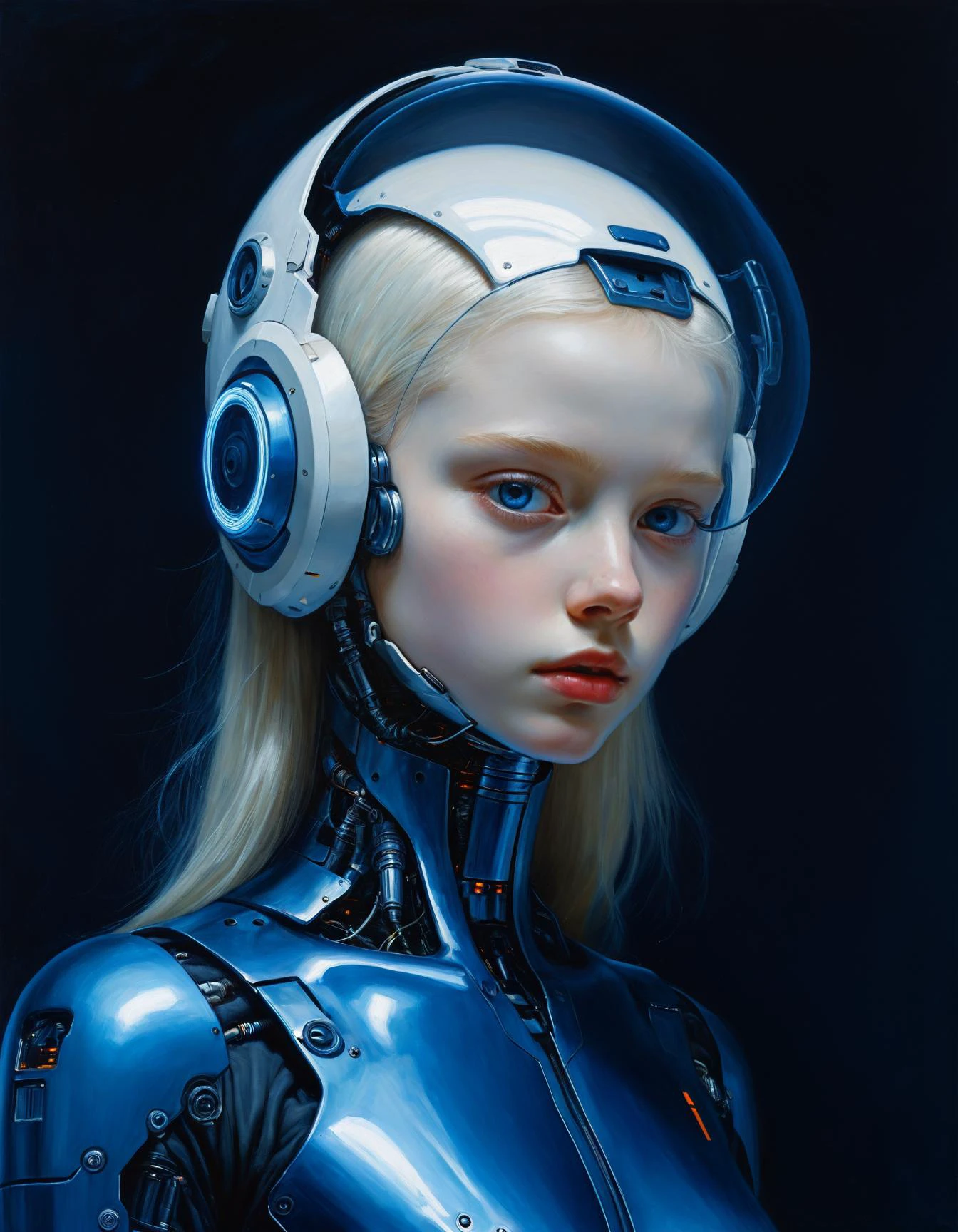 Minimalist painting of an albino cyborg girl by Albert Lynch, Abbott Handerson Thayer, highly detail, best quality, sci-fi, mechanical joints, tight bodysuit, dark blue outline, dynamic pose, dark blue outline, futuristic helmet, visor glass, innocent, serene, white skin, pale skin, blue eyes, long flowing white hair, ultra detailed, romantic, Rembrandt lighting, brush strokes