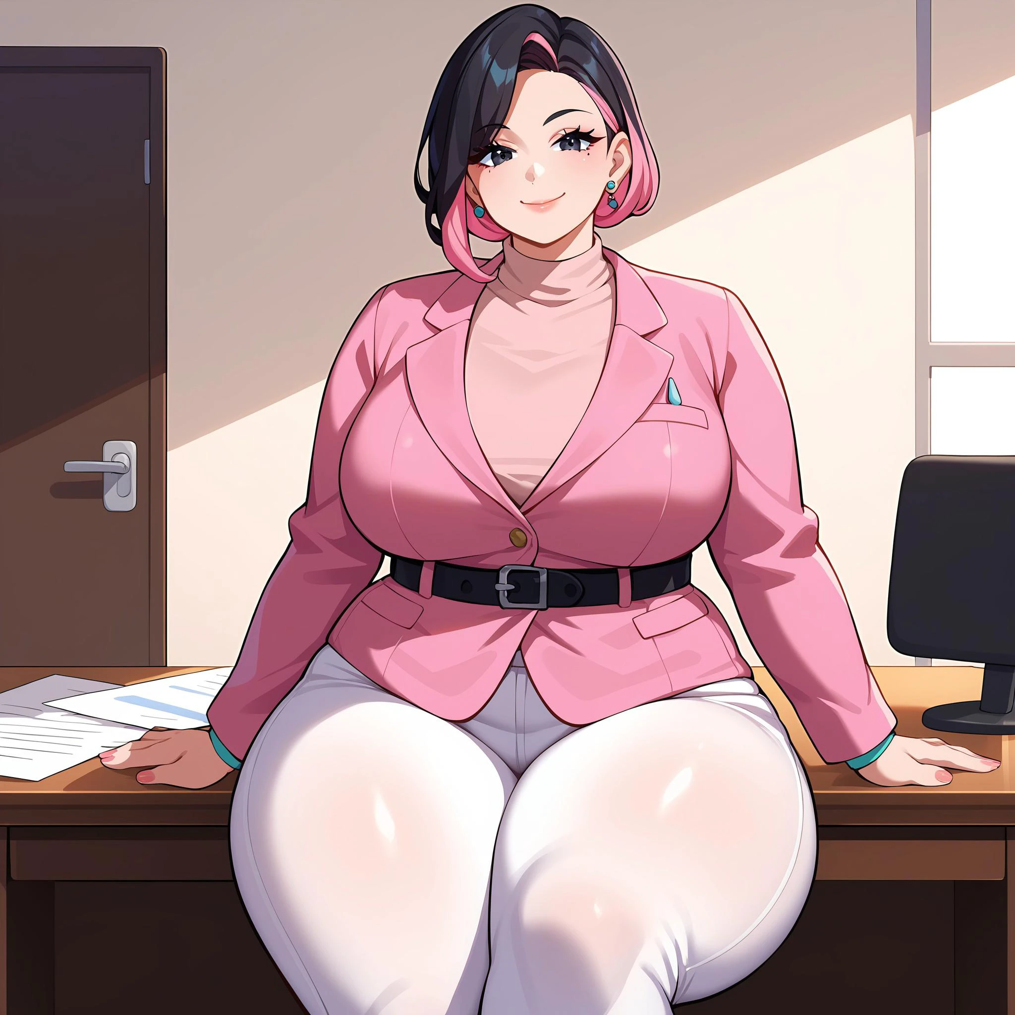 score_9,score_8_up,score_7_up,source_anime,BREAK, 1girl, mother, pink hair, multicolored hair, black hair, black eyes, (((big_breasts))), (((wide_hips))), (((thick_thighs))), (((thunderthighs, bottomheavy, pudgy, very plump))), seductive smile, closed mouth, closed mouth, pink blazer, black belt, white pants, looking at viewer, cowboy-shot, Mommy, ((beauty salon office)), ((beauty supplies on desk)), warming smile, sitting down on red chair, legs spread out, arms on rest, <lora:65cd618c-a9e0-4837-9c63-5ed3045c9874:0.7>