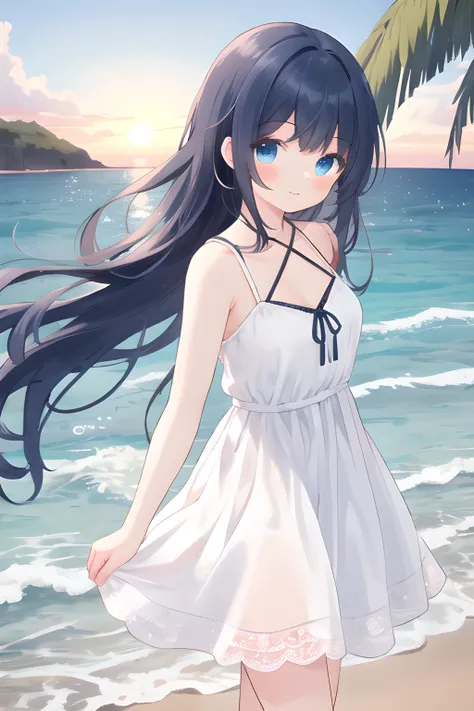 (masterpiece, best quality, absurdres, ultra detailed, intricate details, beautiful, finely detailed:1.5), 1girl, dark blue hair, blue eyes, very long straight hair, asymmetrical bangs, medium breasts, toned, beach, ocean, reflective water, palm tree, rock, summer, evening, sunset, wind, arms behind back,  walking, looking at viewer, blush, light smile, parted lips, white sundress, cowboy shot,