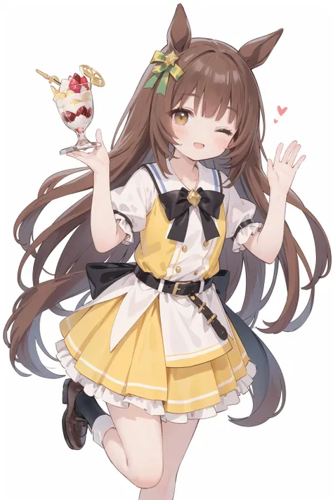 smart falcon (umamusume)
round face,horse ears,horse tail,beautiful brown eyes,
(parfait girl),((official illust)) ,((2012's best top quality manga illustration,hi-key)),full body, cowboy shot,hair_ribbon, yellow dress, yellow bowtie, belt, casual, puffy sleeves, short sleeves, plaid, white socks,smile, one eye closed,waving