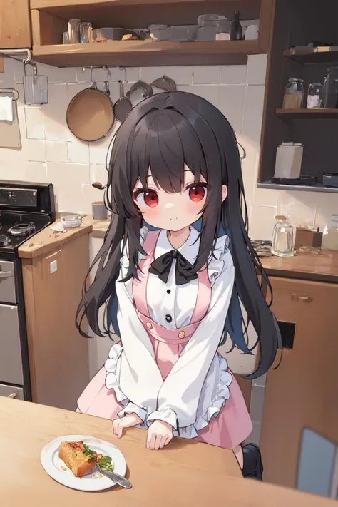 (masterpiece:1.2),best quality,extremely detailed,
BREAK
cute girl,petite girl,solo,shiny skin,small breasts,very long hair,
detailed eyes,perfect anatomy,
cute eyes,(red eyes:1.3),(black hair:1.4),
BREAK
(white shirt:1.4),(pink skirt:1.2) frills,socks,(white:1.2) apron,
BREAK
cooking room,plate,food,vegetable,
BREAK
character focus,looking at viewer,full body,
BREAK