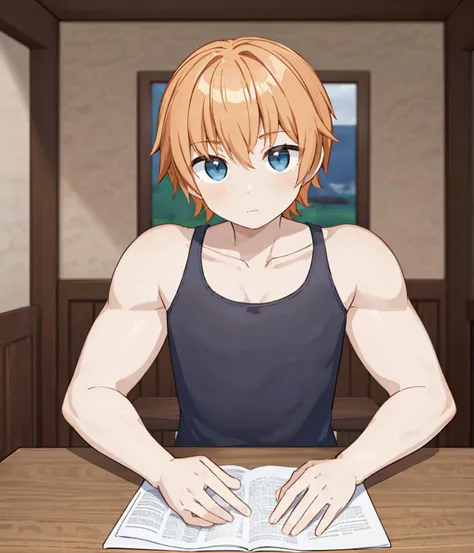 1boy, solo, male focus, <lora:Senpai_2021_LOCON:0.6>, senpaica2021, blue eyes, orange hair, short hair, tank top, muscular, muscular male, pov across table