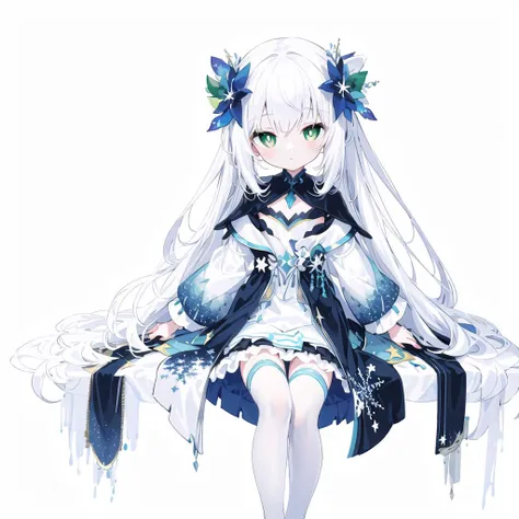 {{{masterpiece}}},{extremely detailed CG unity 8k wallpaper},best quality,finely detail,[(white background:1.4)::5], hexagon, mid shot, {{full body}}, 1girl,beautiful detailed eyes,bright pupils, dynamic angle,detailed clothes， (stars:0.9), (starry sky), (snowflake:0.9), ice crystals, solo, standing, loli,((flat chested)), kawaii, very long hair, white hair, silver hair, (expressionless:1.2), white colored eyelashes, gradient eyes, green eyes, white dress, blue robe, skindentation, white thighhighs, hair_flower, [magic circle]