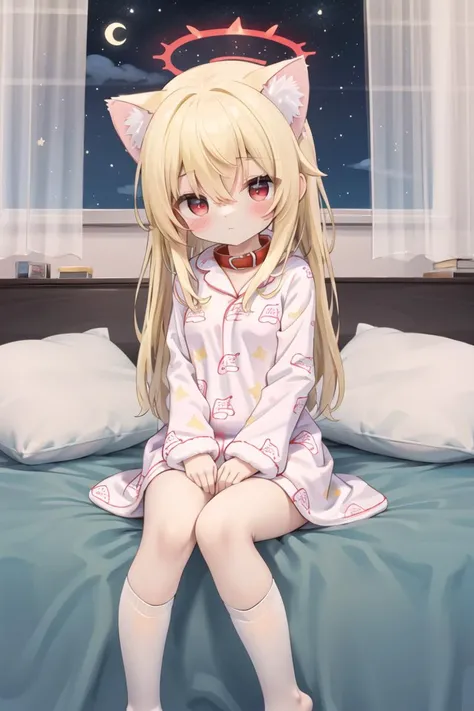 beautiful illustration,best quality,
pastel color,(bright lighting),
cute girl,(petite),indoor,(princess),(arms behind back), expressionless,
(Sitting On Moon/Stars/Clouds Patterned Lovely Duvet Bed:1.2),
little child,child,toddler,loli,(beautiful detailed hand:1.5),(1girl:1.5),
long hair glows,hairs between eyes,blonde hair,red eyes,cat ears,(beautiful detailed eyes),medium breasts,
(coquettish),
halo,(red gem on chest),
collar,white kneehighs,Cute Kigurumi Pajamas, (Huging Long Pillow:1.1),
(Loft Bedroom Under Circular Window:1.15),