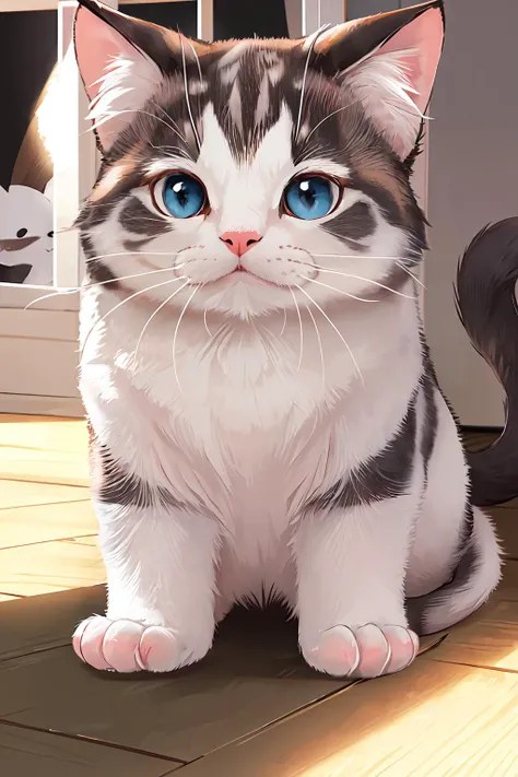 masterpiece, beautiful, intense sunlight, picture of a cute cat sitting on floor, fluffy, big chonker, fat, white furr, tail, round, portrait, close up