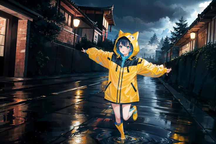 (masterpiece:1.2),best quality,extremely detailed,absurdres,highres,ultra detailed,1girl jumping in a puddle, east asian architecture, petite,kawaii, rain:1.5, yellow rain boots, yellow raincoat,raining,water splashes,puddles, hood with animal ears, city, trees,park, garden,dynamic, water drop, street,road, dark blue theme, dark sky, stormy weather, mist, tonalism, cloudy sky,
<lora:LowRA:0.2>