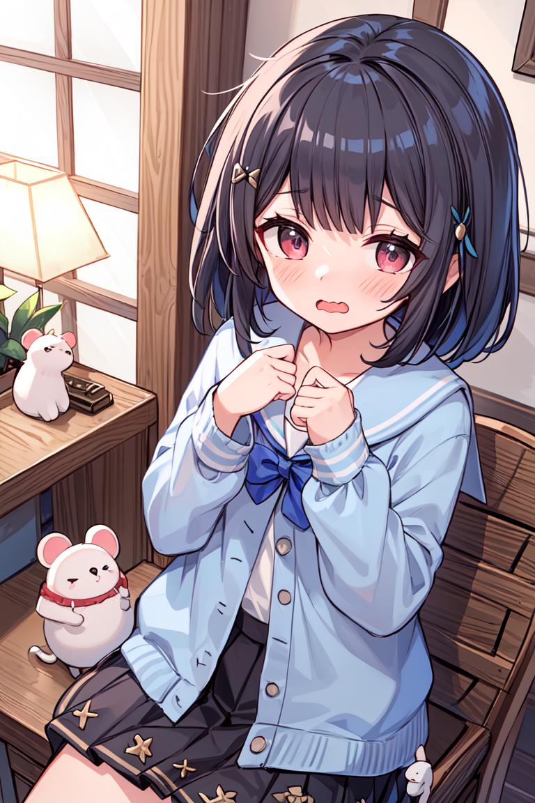 Anime girl sitting on a chair with a cat in the background - SeaArt AI