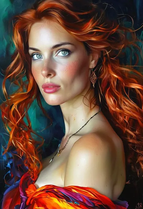 The sexy and dark art of seduction , elegant, long orange hair, bra, (art inspired in Bill Sienkiewicz). oil painting) (best quality,4k,8k,highres,masterpiece:1.2),ultra-detailed,(realistic,photorealistic,photo-realistic:1.37),intricate details,vivid colors,sharp focus,professional,Dave McKean artwork, oil touch of surrealism,oil painting style