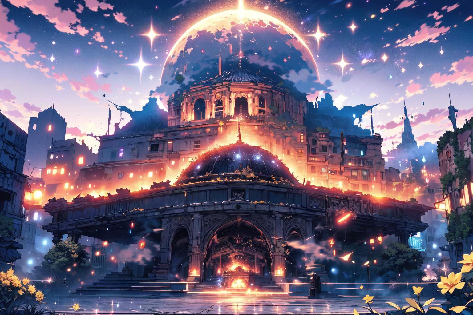 <lora:ruines:1> , Ruins, post-apocalyptic, scenery, no humans, building, overgrown, bomb, explosion, smoke,
night:1.15, soft light, trees, ruin building, magical lights, ((yellow flowers)):1.1, (a buster sword stuck in the ground,1sword, one sword),
(masterpiece:1.2), (best quality,:1.2), 8k, HDR, ultra detailed, ((photorealistic)), professional light, cinematic lighting, fashion photography, ambient lighting, fantasy,
<lora:Night scene_20230715120543:0.7>, cozy , starry sky , star , moon , meteor, <lora:magic particles ãã©ãã©ã¨ãã§ã¯ã v1:0.75>, ((magic particles, magic circle, magic aura)), (no humans)
