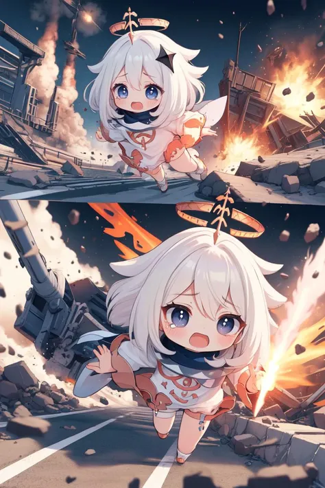 (masterpiece:1.2, best quality:1.2), ultra-detailed, <lora:escapeBridge:0.5> fleeingBridge, fleeing on bridge, cracked floor, bridge, breaking, <lora:paimon1:1> paimon, halo, white hair, tears, open mouth, running, (chibi:1.2), missile, explosion,