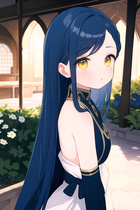 masterpiece, best quality, detailed face, Myne, (Rosemyne:1.2), blue hair, long hair, blue religious clothes, yellow eyes, rosemyne bookworm, royal garden, <lora:Rosemyne1:0.75>