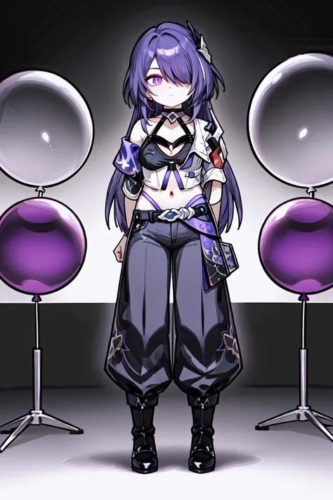 1girl, solo,  clockwork gorilla holding a bundle of colorful balloons, 
 <lora:Acheron:0.8>, hair over one eye, bangs, hair ornament, purple hair, purple eyes, bright pupils, cyberpunk, flat shading, 
natural, Marianne North, Arms crossed behind the back pose, Peasant Top, Pleated pants, Mary Jane shoes, serious,,
Farm, dynamic composition, cinematic lighting, studio quality, icy zbrushcentral, mature male, medium breasts, tall female, 
<lora:hyperdetailer_v095:0.6>, <lora:outline:0.3>,, weird atmosphere, (best quality:1.1), (masterpiece:1.2), high quality shadow, beautiful detailed, (high detailed skin, skin details), (wide_landscape, 8k), beautiful face, detailed eyes, depth of field, dramatic light, best quality, highres, best shadow, best illumination,<lora:ButtCrack:1.0><lora:ButtCrack:1.0>