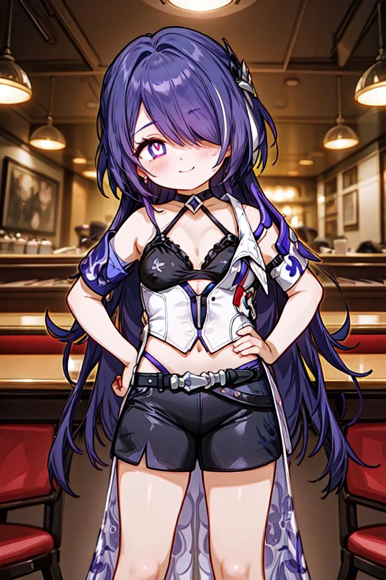 1girl, solo, angular a person with golden skin,
<lora:Acheron:0.8>, hair over one eye, bangs, hair ornament, purple hair, purple eyes, bright pupils, renaissance, low-poly,
beautiful, Edward Gorey, Hands on hips pose, Sleeveless Trench Coat, Wide-leg culottes, Loafers, smile, blush, head tilt,
Diner, dynamic composition, cinematic lighting, studio quality, hesitant DeviantArt, mature female, medium breasts, tall female,
<lora:hyperdetailer_v095:0.6>, <lora:outline:0.3>,, weird atmosphere, (best quality:1.1), (masterpiece:1.2), high quality shadow, beautiful detailed, (high detailed skin, skin details), (wide_landscape, 8k), beautiful face, detailed eyes, depth of field, dramatic light, best quality, highres, best shadow, best illumination,<lora:ButtCrack:1.0><lora:ButtCrack:1.0>
