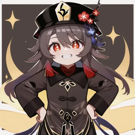 <lora:genshinfull1:1>,hu hu tao \(genshin impact\),eyes_focus,hands on hips,grin,incredibly absurdres,sparkle_background,
