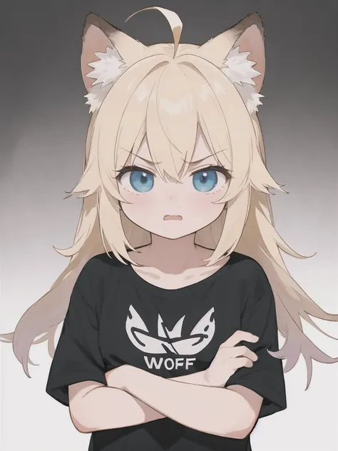 HDR, volumetric lighting, masterpiece, best quality, highres, high quality, absurdres, simple background, 1girl, solo, skinny, blonde hair, blue eyes, t-shirt, black shirt, collarbone, blush, animal ear fluff, wolf ears, wolf tail, wolf girl, messy hair, long hair, hair flaps, sidelocks, gradient hair, small breasts, ahoge, angry, embarrassed, crossed arms,