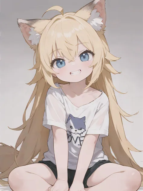 HDR, volumetric lighting, masterpiece, best quality, highres, high quality, absurdres, simple background, 1girl, solo, cat ears, blonde hair, blue eyes, t-shirt, collarbone, blush, animal ear fluff, wolf ears, wolf tail, wolf girl, messy hair, very long hair, gradient hair, flat chest, looking at viewer, fangs, smug, grin, ahoge, blush, head tilt, sitting, hands between legs,