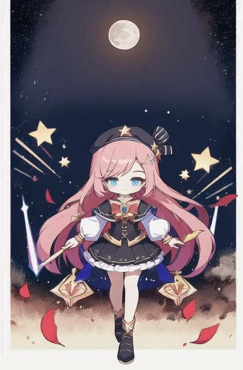 (magical girl:1.3),black hair,(main color is red:1.4), playing magic,very long hair,cloth color is red, corset,Undershirt dress. frilled sleeves,tie,clergy,taut shirt,beret,capelet

Noble,soft lighting, bling,romantic, (star night sky:1.2),empty sky, moon light, star, flower falling, smile, standing, magic long wand, full body,art by league_of_legends, art by RIOT, artstation,beautifull leg, ANIME,specail effect blue color, bling,petals falling,Slim leg,
CHARACTER, VIDEO GAME, pretty face, femininity
 <lora:maplestoryStyle_v30:1> <lora:genshinStickerChibi_genshinstickersv1:0.1>