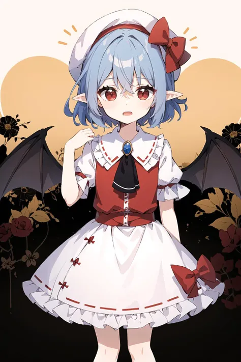 + (Remilia Scarlet: 1.4), (Masterpiece), (best quality), soft light, warm color, ((Super detail)), (illustration), (extremely delicate and beautiful), dynamic Angle, float, (beautiful detail eyes), (Detail Light), 1 girl
Hat, Solo, gems, frilly, ribbon, clean legs, 12 year old girl, cute little leather shoes, bow, bangs, shirt, skirt, big red bow on back, nails, standing, red eyes, short sleeves, open mouth, puffy sleeves, silver hair, pointed ears, puffy short sleeves, looking at the audience, (White frilly nightcap :1.3), short hair, Light pink dress, red nails, red tie, floral background, romantic background, ++(little devil wings on hips)++