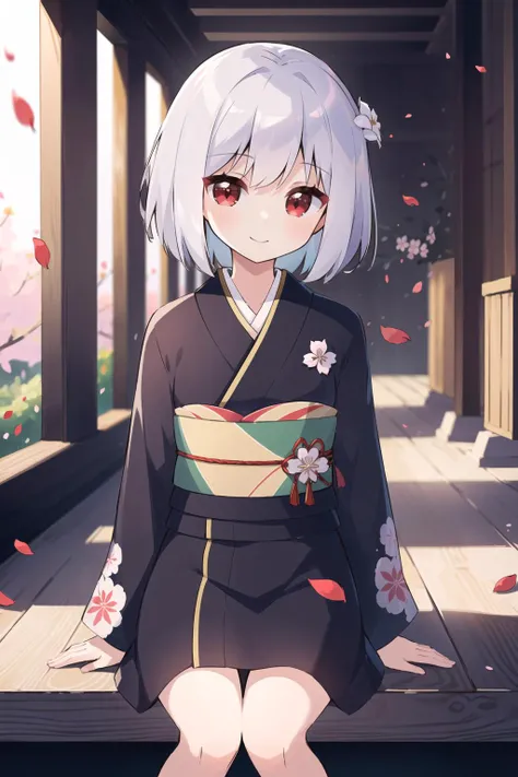 ((masterpiece:1.2, best quality)),solo, cute girl is smile, bob_cut,silver_hair,red_eyes,wearing kimono,looking at viewer,(petals:1.6), (depth of field:1.6)